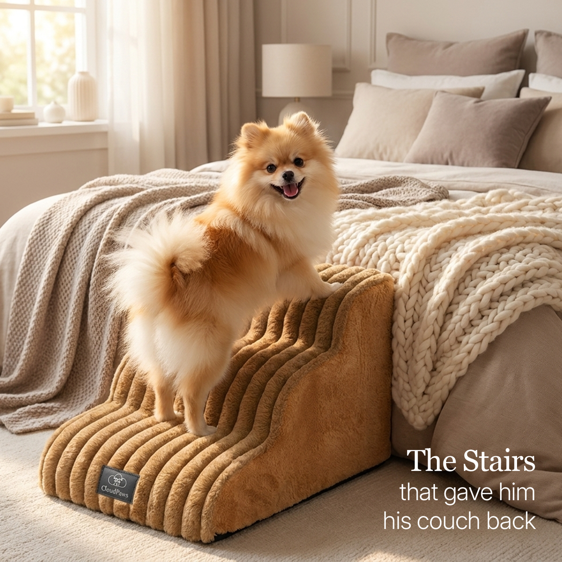 Lapside foam dog stairs next to a couch