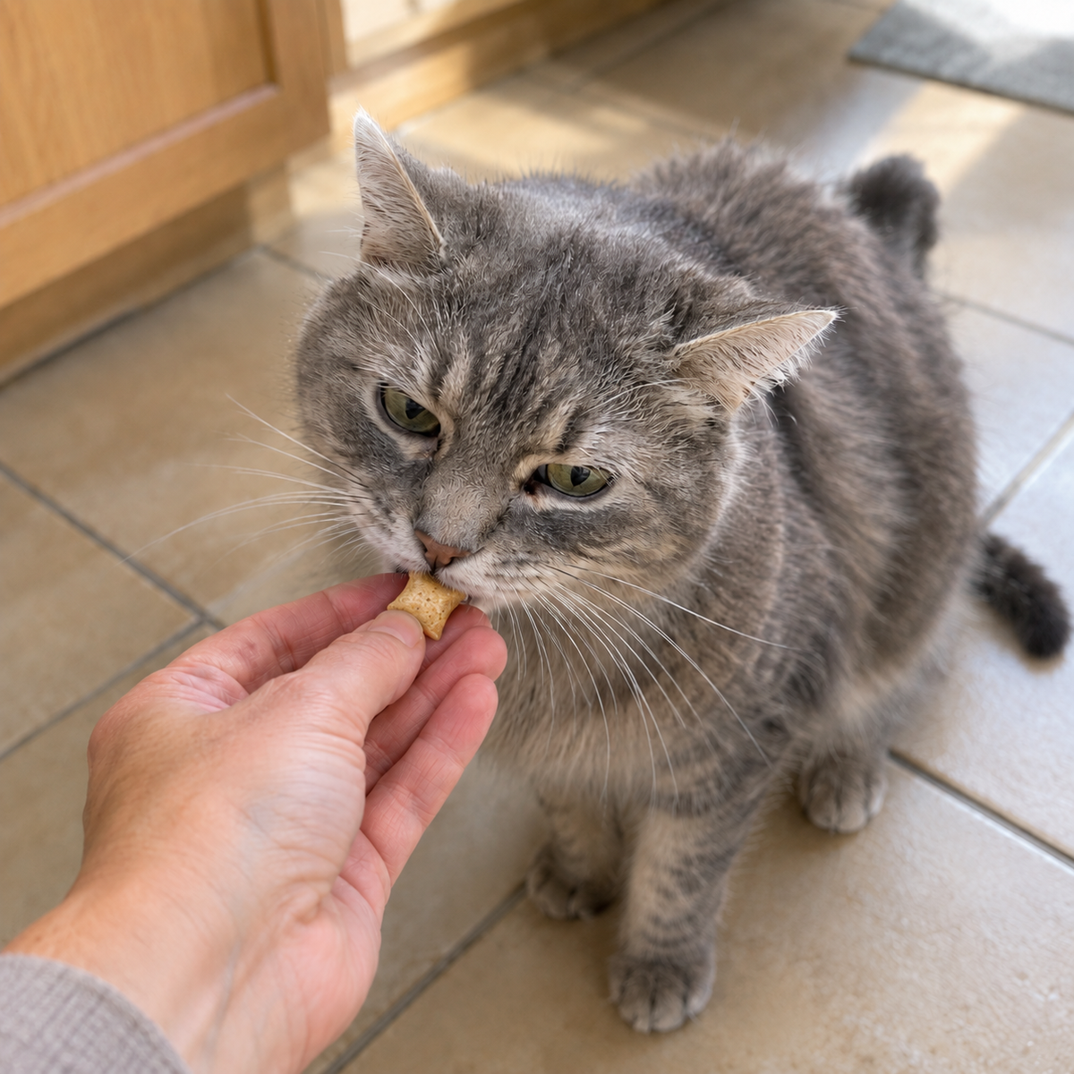 Senior grey tabby taking a treat from an open hand