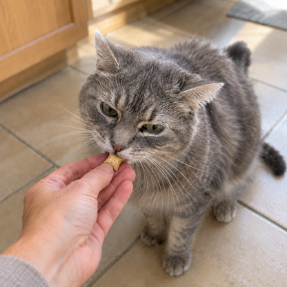 Senior grey tabby taking a treat from an open hand