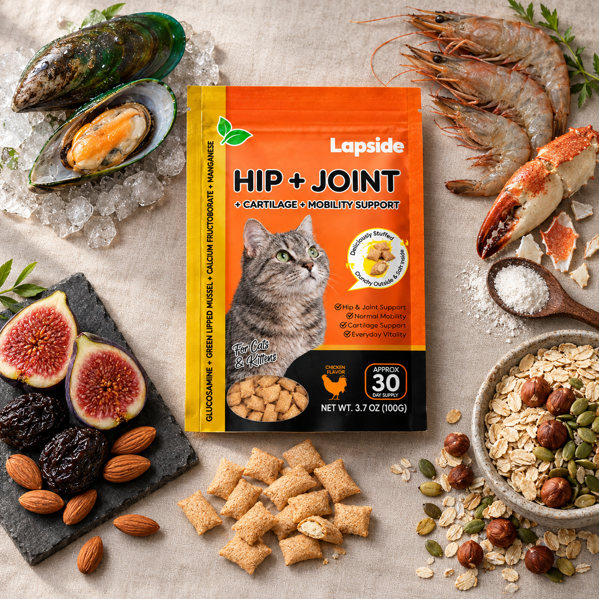 What's inside: green-lipped mussel, shrimp and crab, fruit, oats