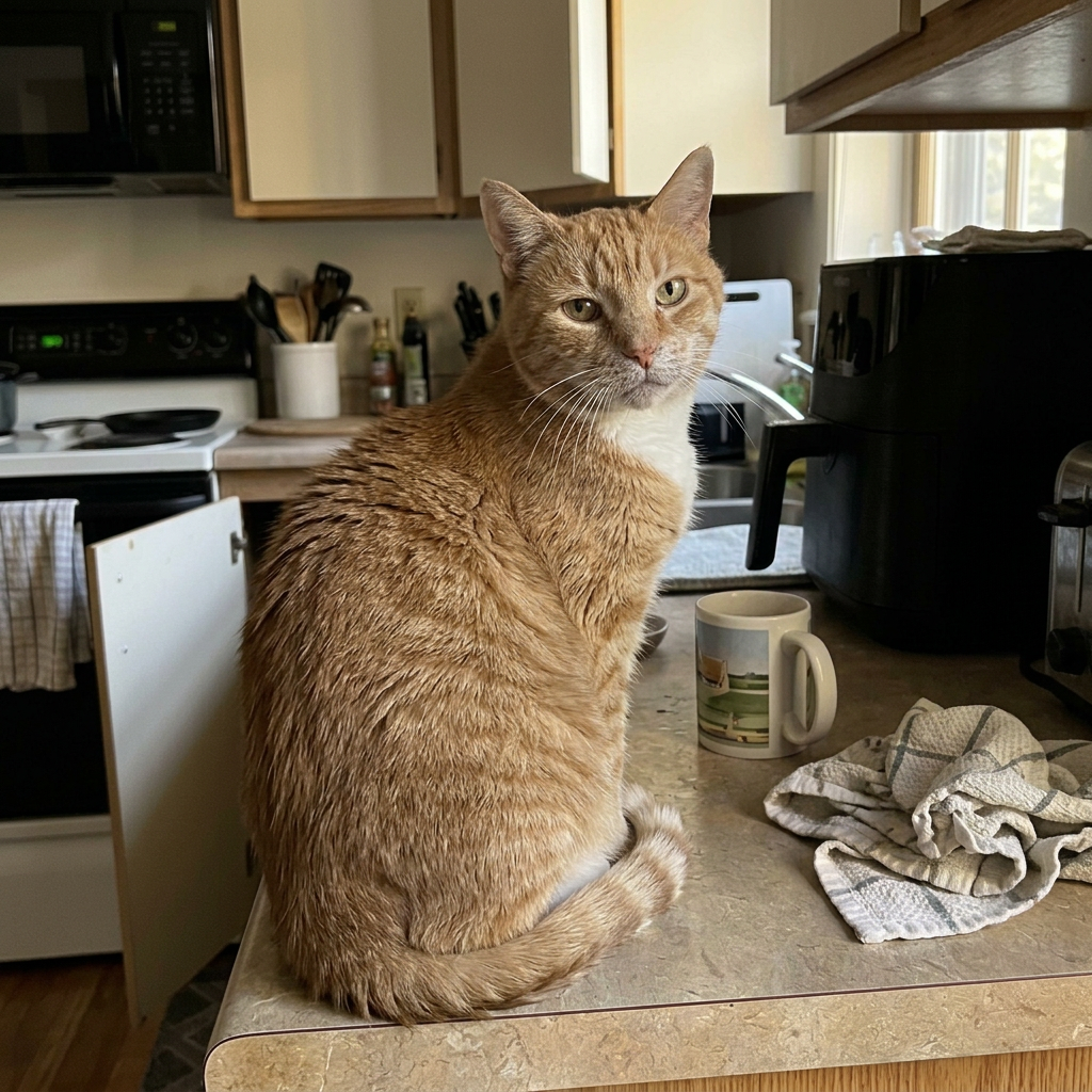 Kiwi's son, twelve, back up on the kitchen counter