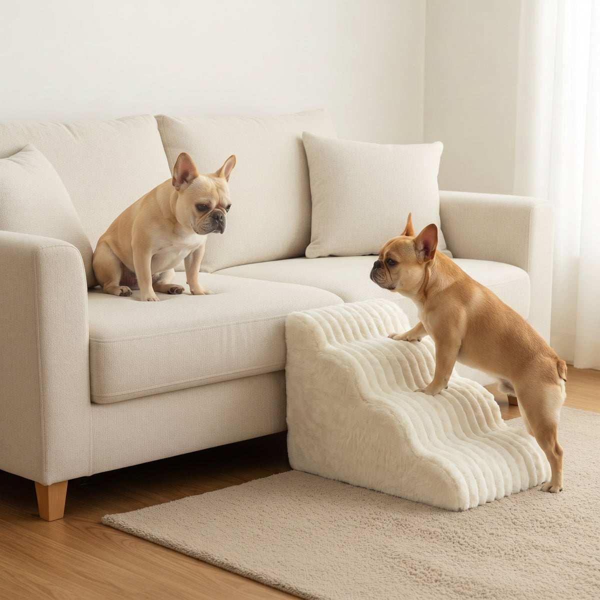 Dog using Lapside stairs to reach the sofa on his own