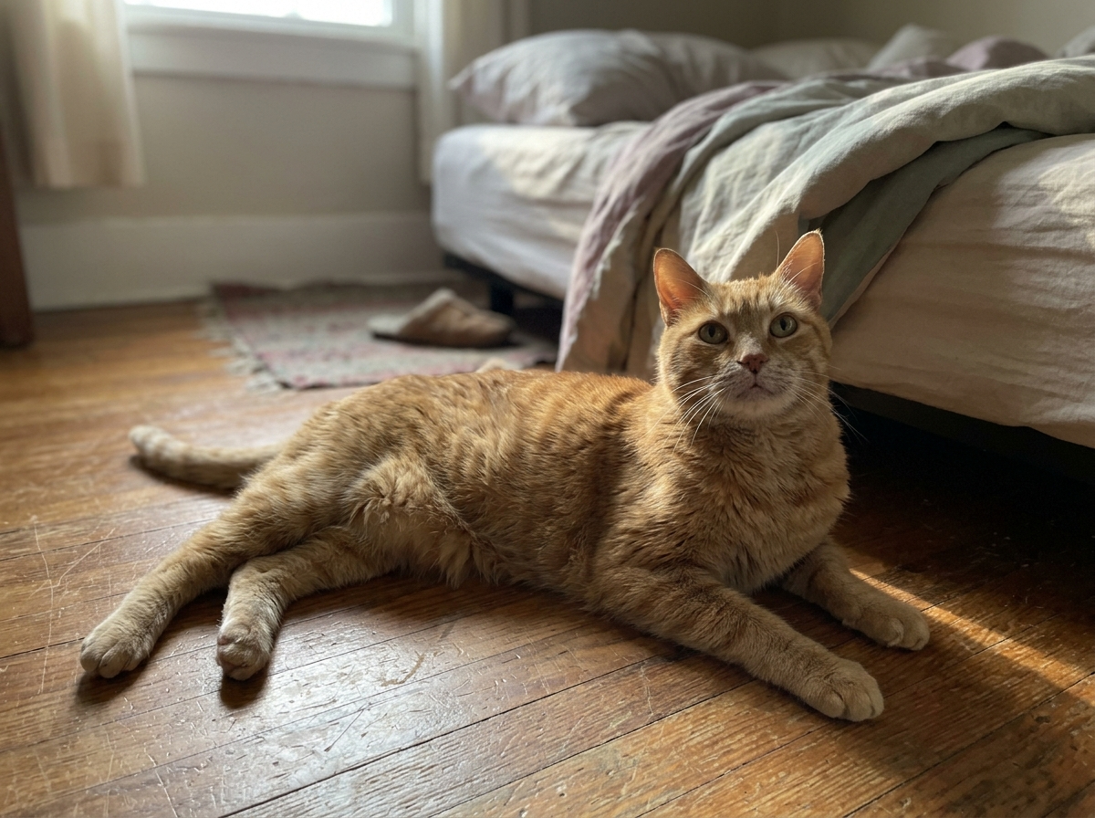 Kiwi, twelve, on the floor at the foot of the bed